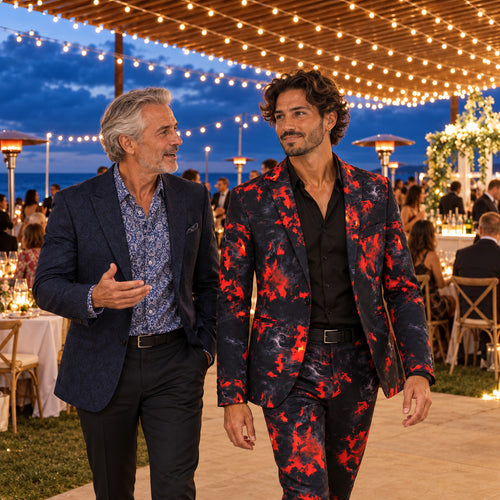 Man wearing WISHOLIC red and black flame print statement suit at an outdoor evening celebration with a friend