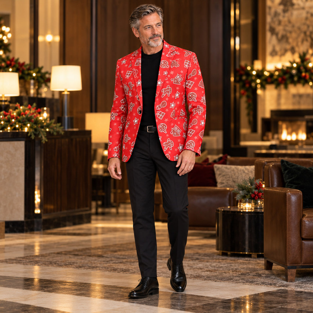 Wisholic holiday gingerbread pattern red blazer jacket styled with black dress pants for men's Christmas party wear
