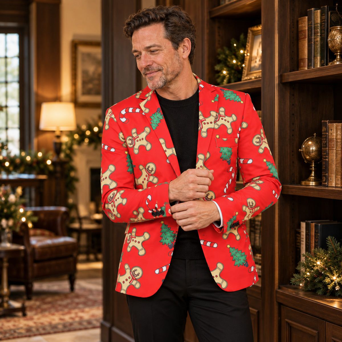 WISHOLIC men's red gingerbread Christmas blazer styled with a black knit top and black trousers in a warm holiday interior.