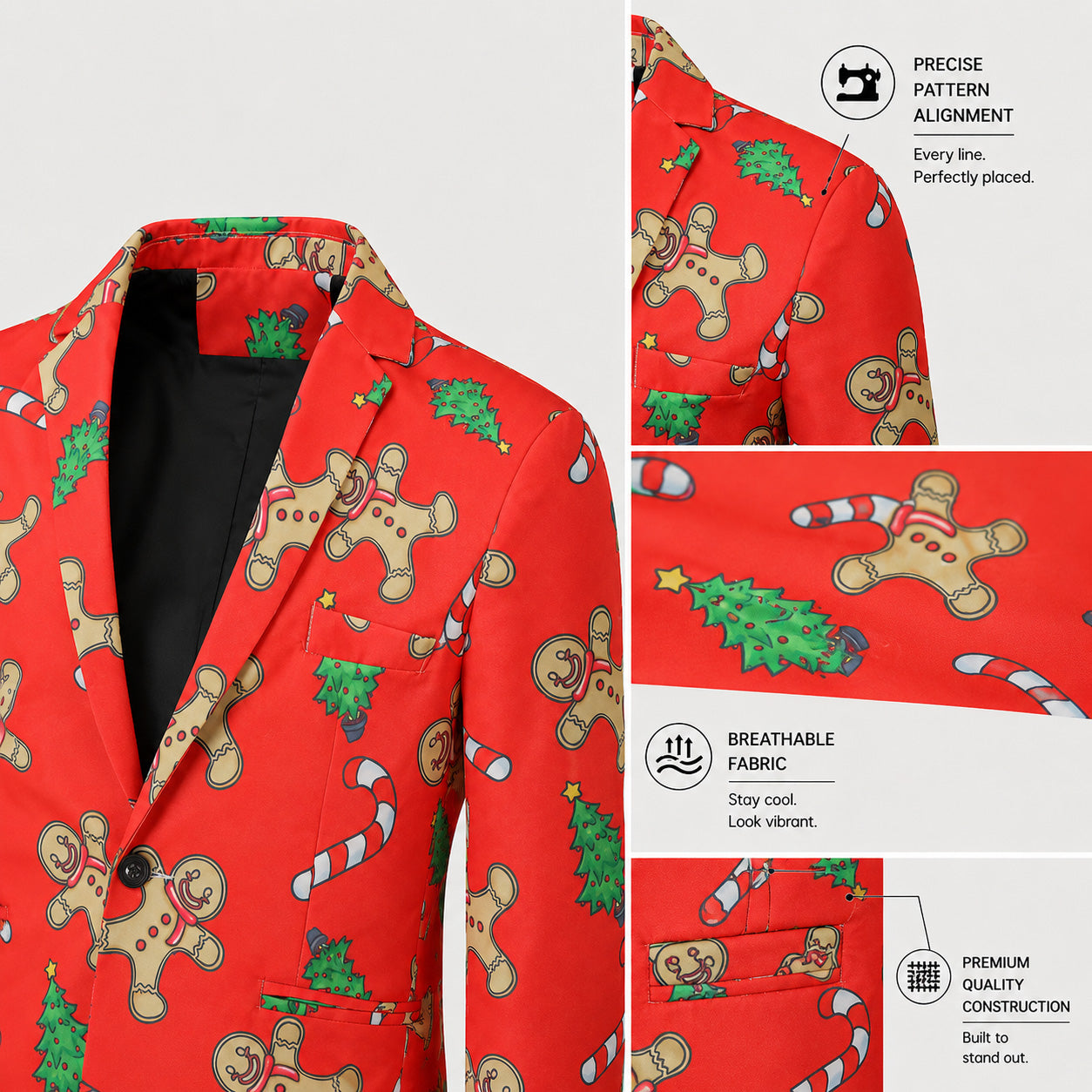 Product detail features of Wisholic red gingerbread man print blazer jacket highlighting pattern alignment, breathable fabric, and premium stitching