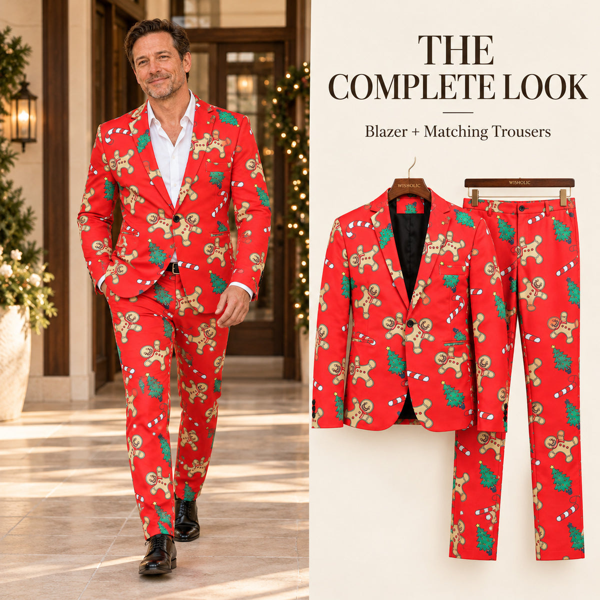 WISHOLIC red gingerbread Christmas suit complete look with a model wearing the matching blazer and trousers beside a product display.