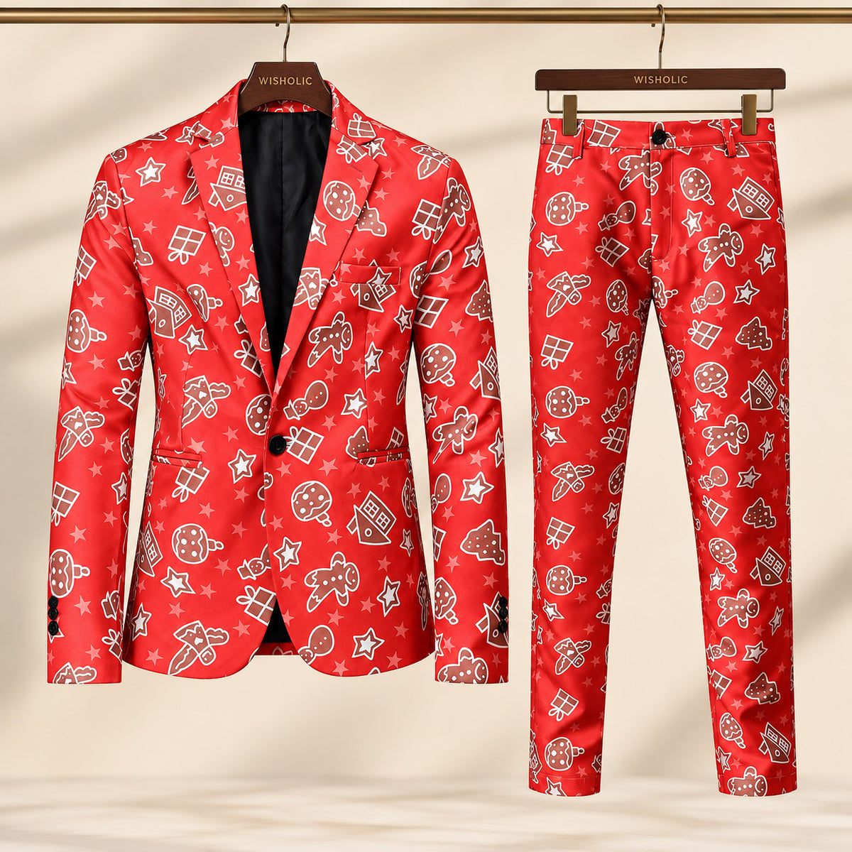 Wisholic 2-piece red Christmas suit set featuring printed holiday blazer and matching trousers on hangers