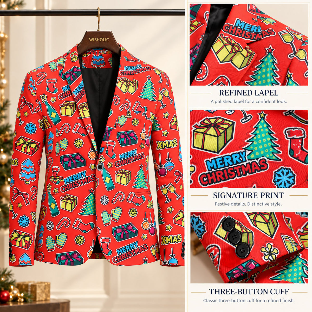 Wisholic red holiday suit close-up details featuring refined notch lapel, signature Christmas print, and three-button cuffs