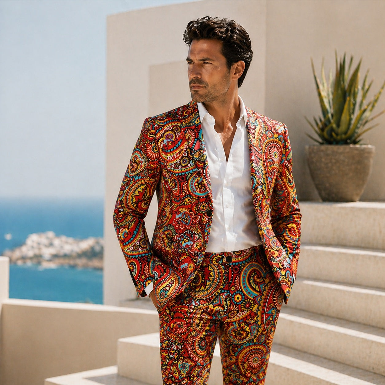 Model wearing a Wisholic colorful paisley printed suit standing on stairs with ocean background