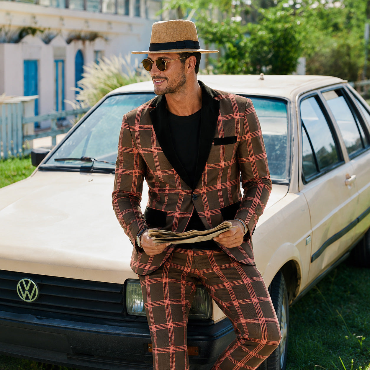 Close-up layout of the Wisholic red magma print suit jacket showing seamless pattern alignment, exquisite lapel stitching, and vibrant colors.