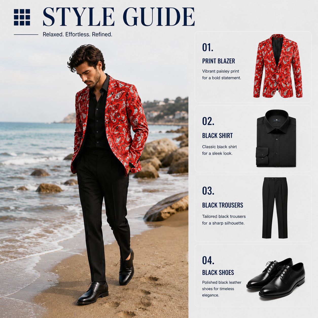 Men style guide showing a red paisley print blazer paired with black dress trousers and shoes on the beach.