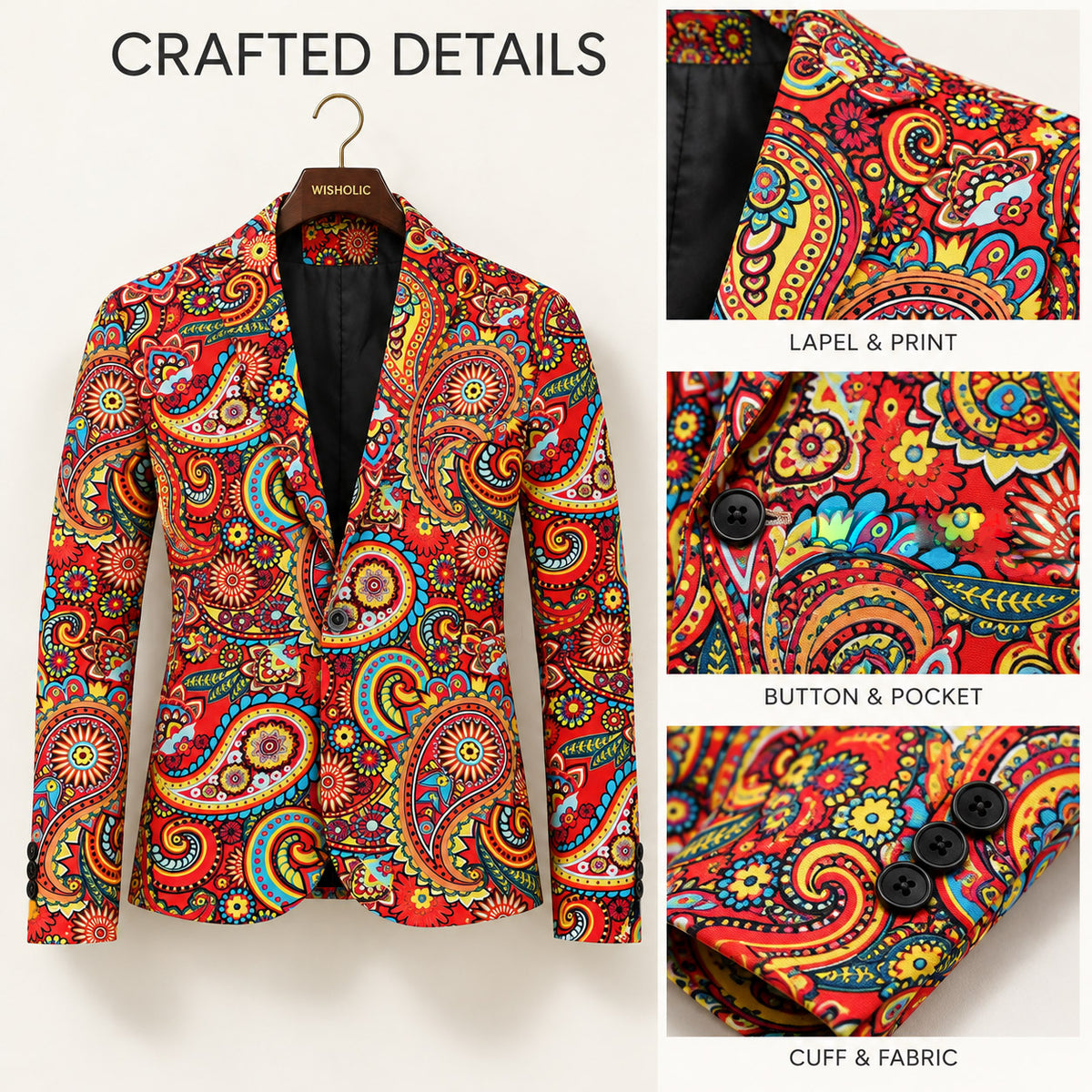 WISHOLIC red paisley men's blazer featuring intricate ornamental prints, notch lapels, single-button closure and three-button cuffs.