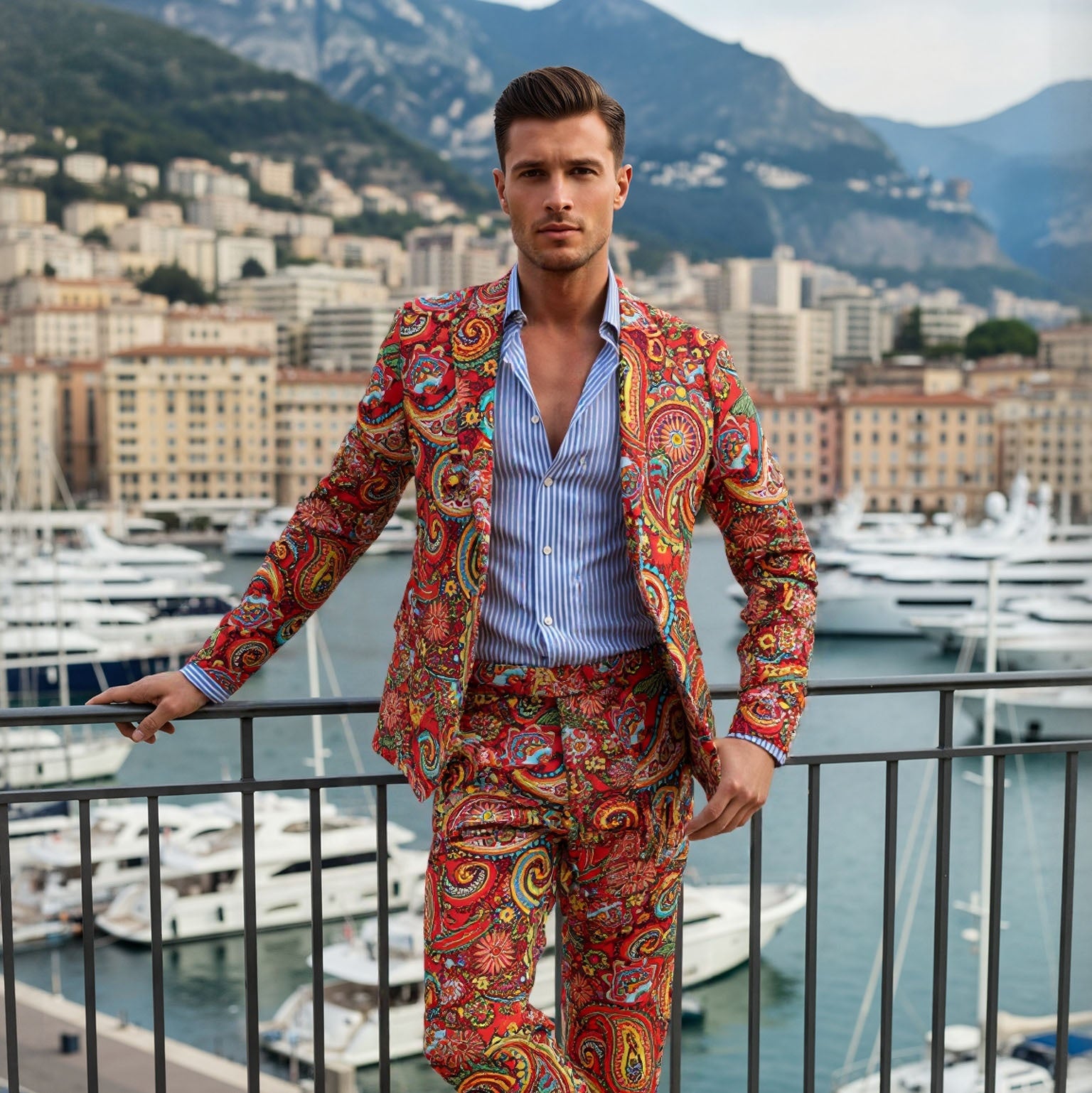 Casual resort look featuring a red paisley suit jacket paired with a blue striped shirt at a Mediterranean harbor.
