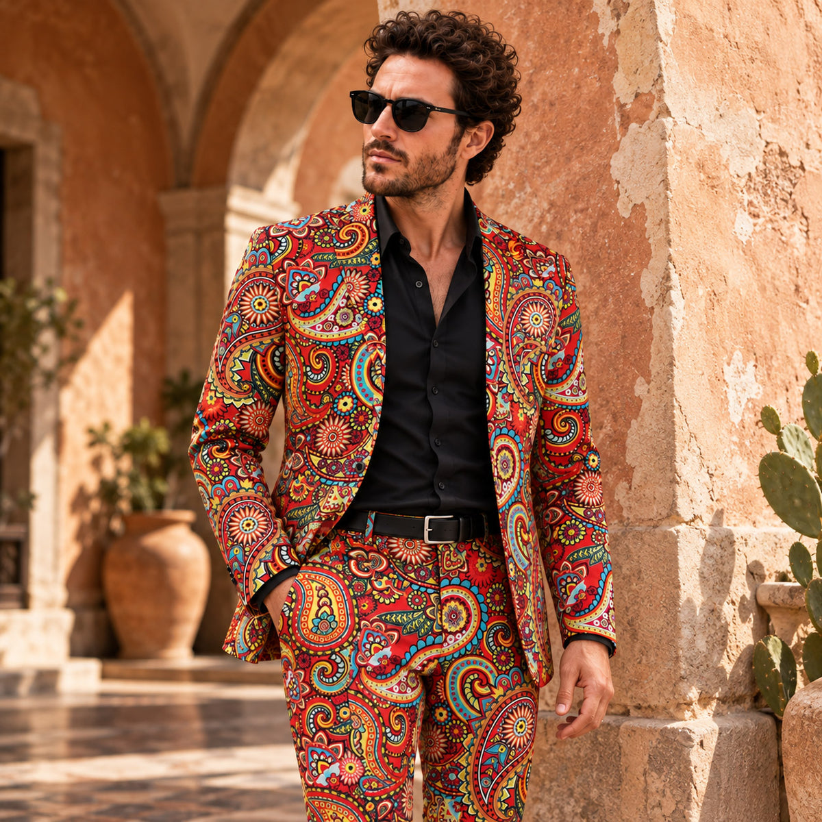 WISHOLIC men's red paisley print suit with vibrant floral patterns, styled with a black shirt in a Mediterranean courtyard.