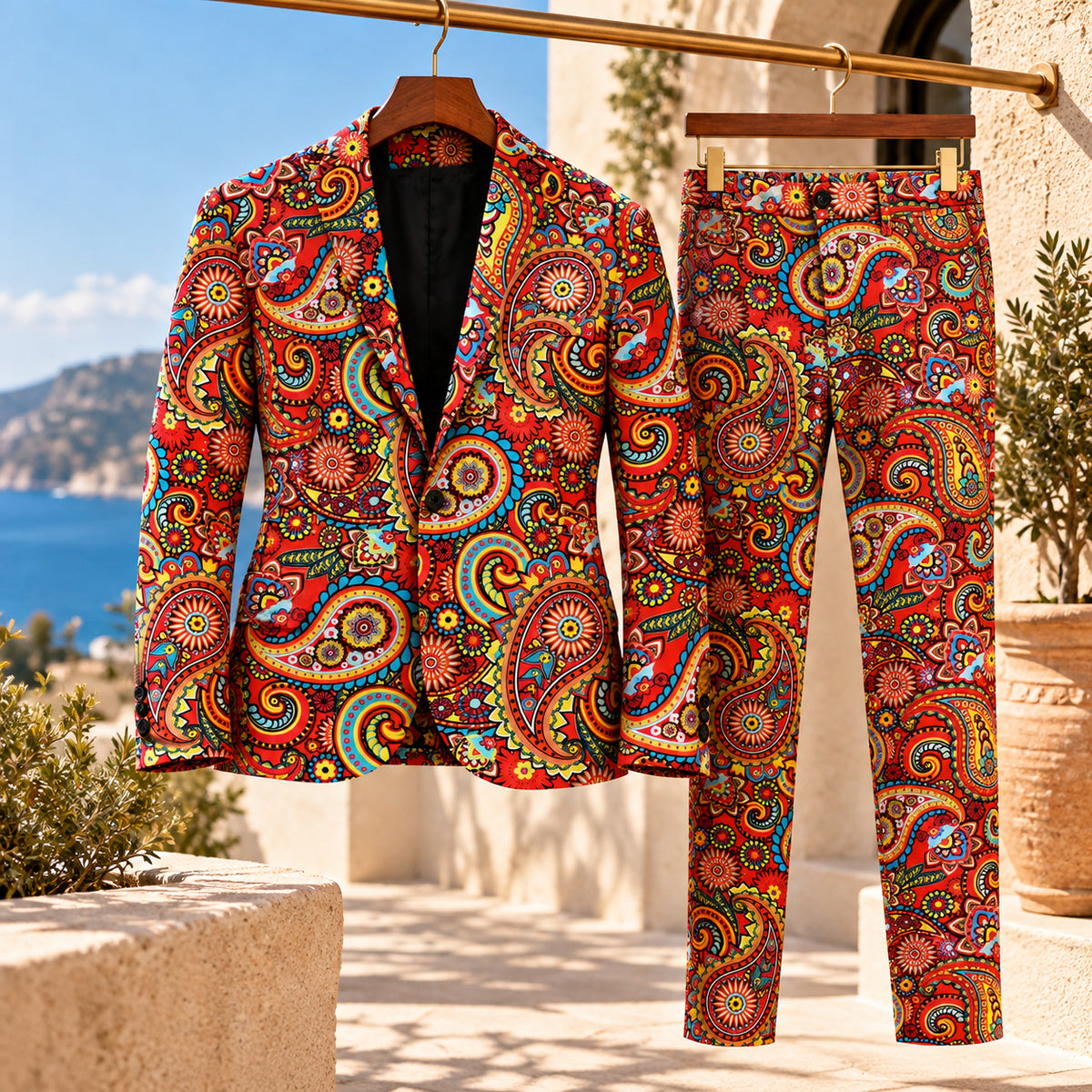 Wisholic red paisley print suit jacket and matching trousers displayed on wooden hangers.