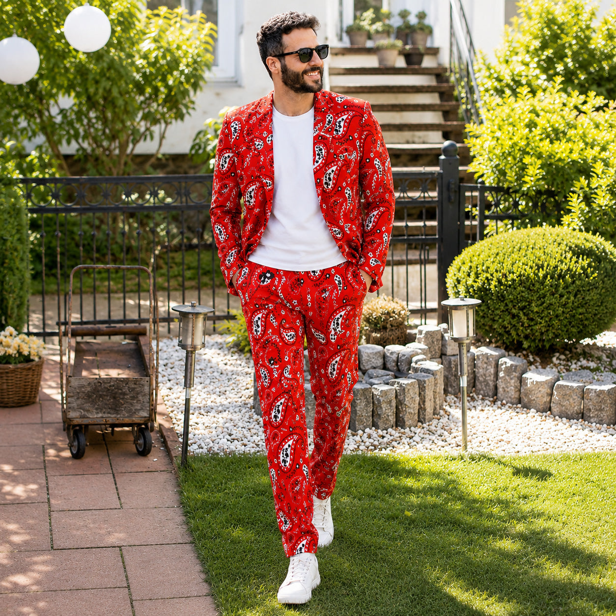 Full-length view of a smiling man walking in a Wisholic red paisley suit with white sneakers in a garden.