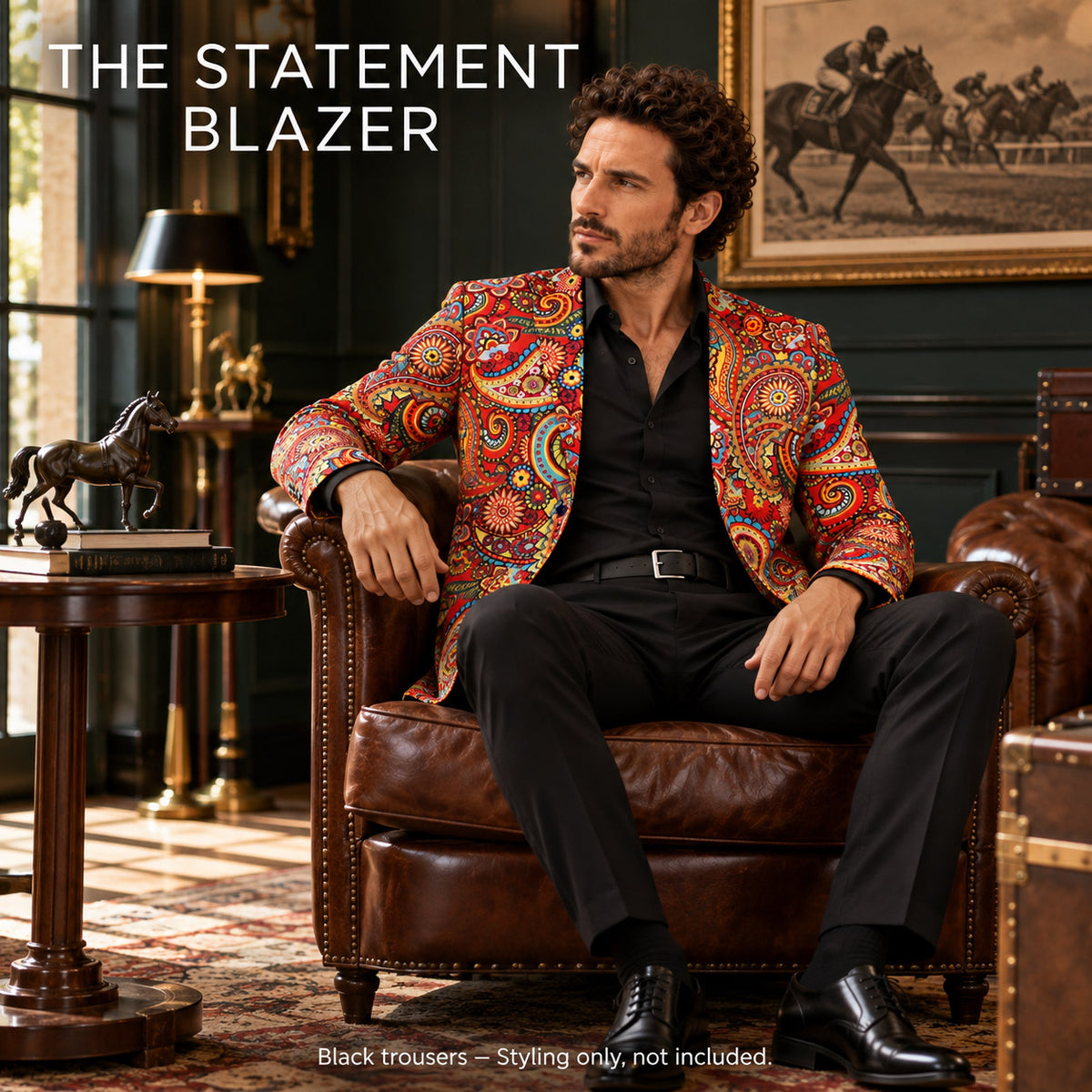 WISHOLIC red paisley statement blazer styled with black trousers in an elegant lounge, showing a versatile men's occasion outfit.