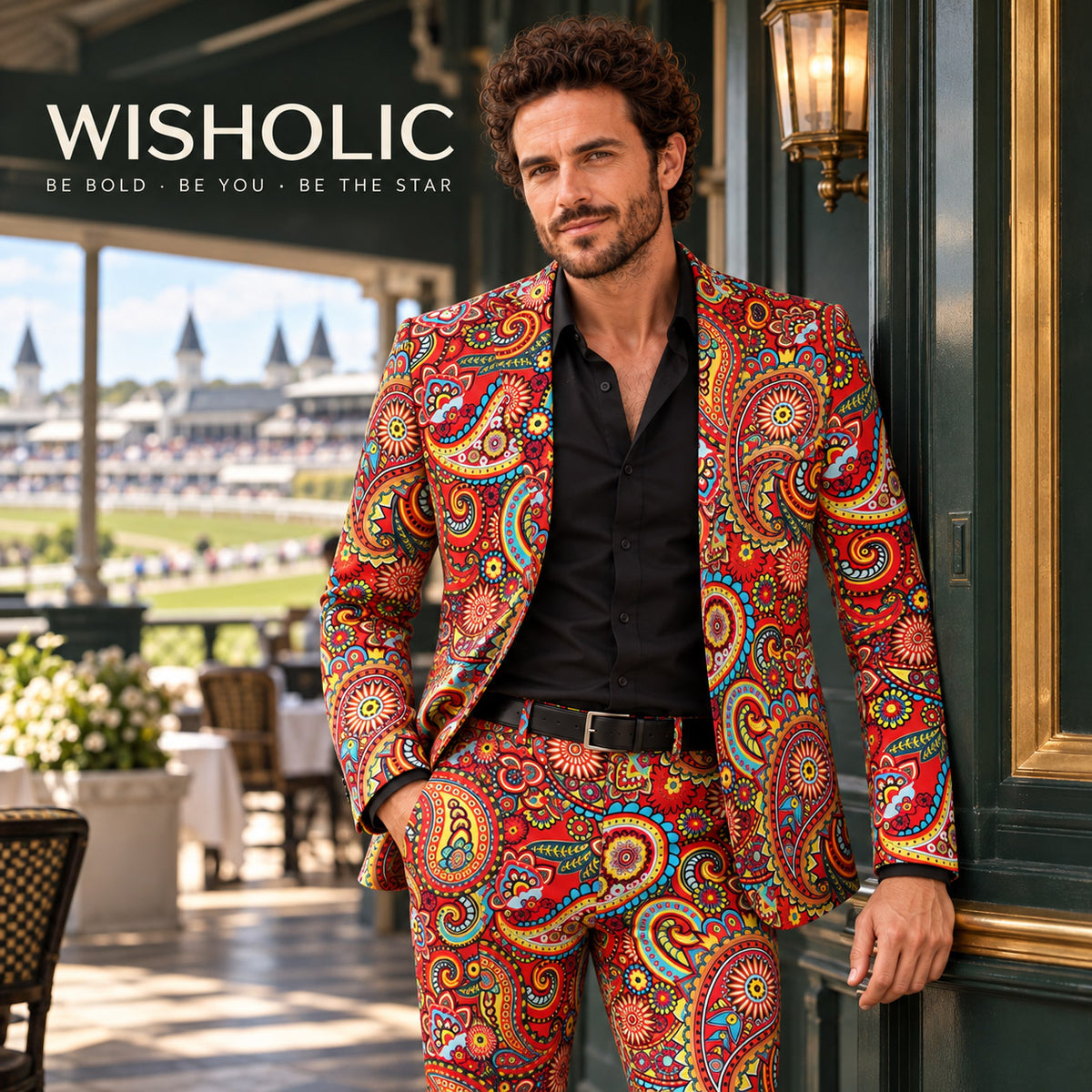 WISHOLIC men's red paisley print suit styled with a black shirt at an elegant horse racing venue, showcasing bold occasion wear.