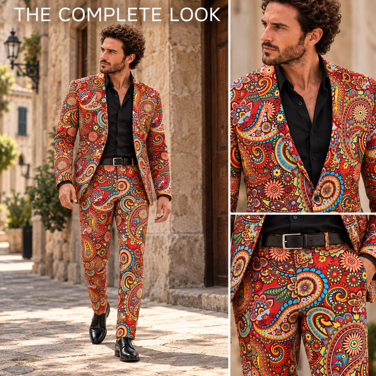Back view of WISHOLIC men's red paisley two-piece suit showing the colorful floral print across the blazer and matching trousers.