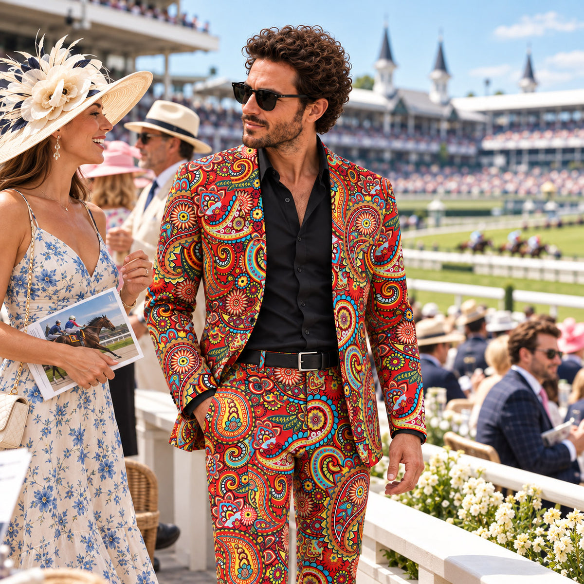 WISHOLIC men's colorful red paisley suit worn at an outdoor horse racing event, styled with a black shirt and sunglasses.