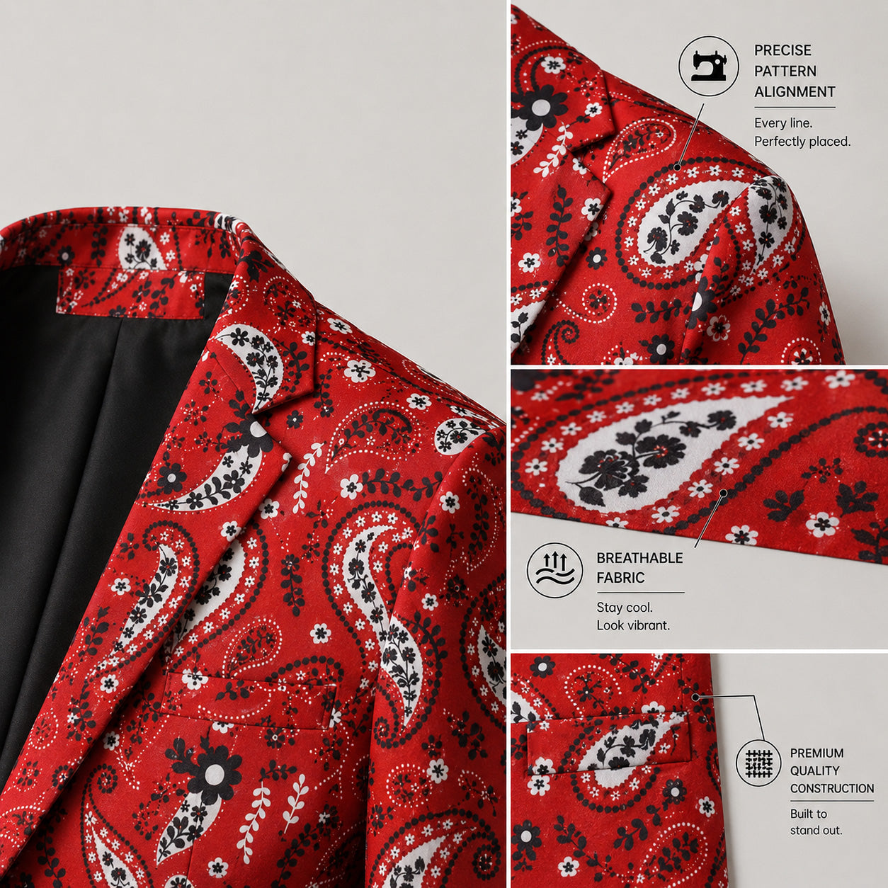 Close-up details of a Wisholic red paisley suit showing precise pattern alignment and premium breathable fabric.