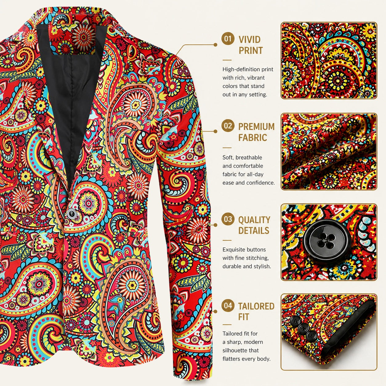 Infographic of Wisholic red paisley suit showing vivid HD print, premium breathable fabric, high-quality buttons, and sharp tailored fit details.