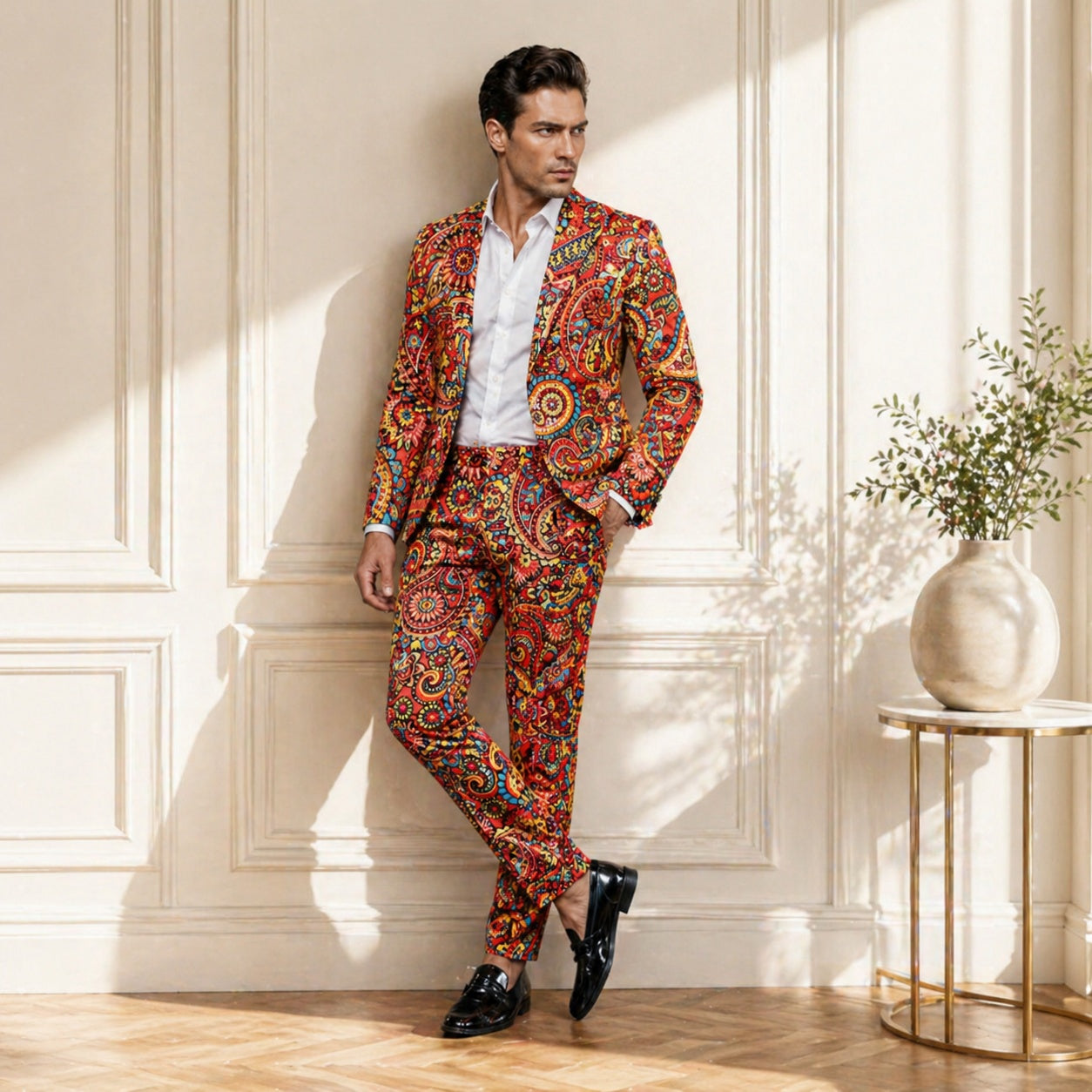 Full body view of a premium red paisley patterned suit for men, styled with a white shirt and loafers.