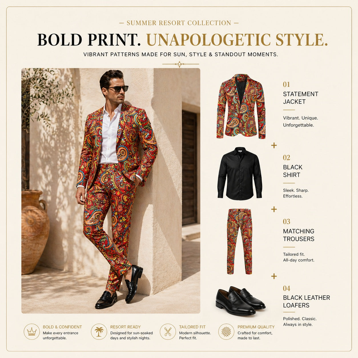 Complete outfit guide for a red paisley suit set with black leather loafers and a sleek black button-down shirt.