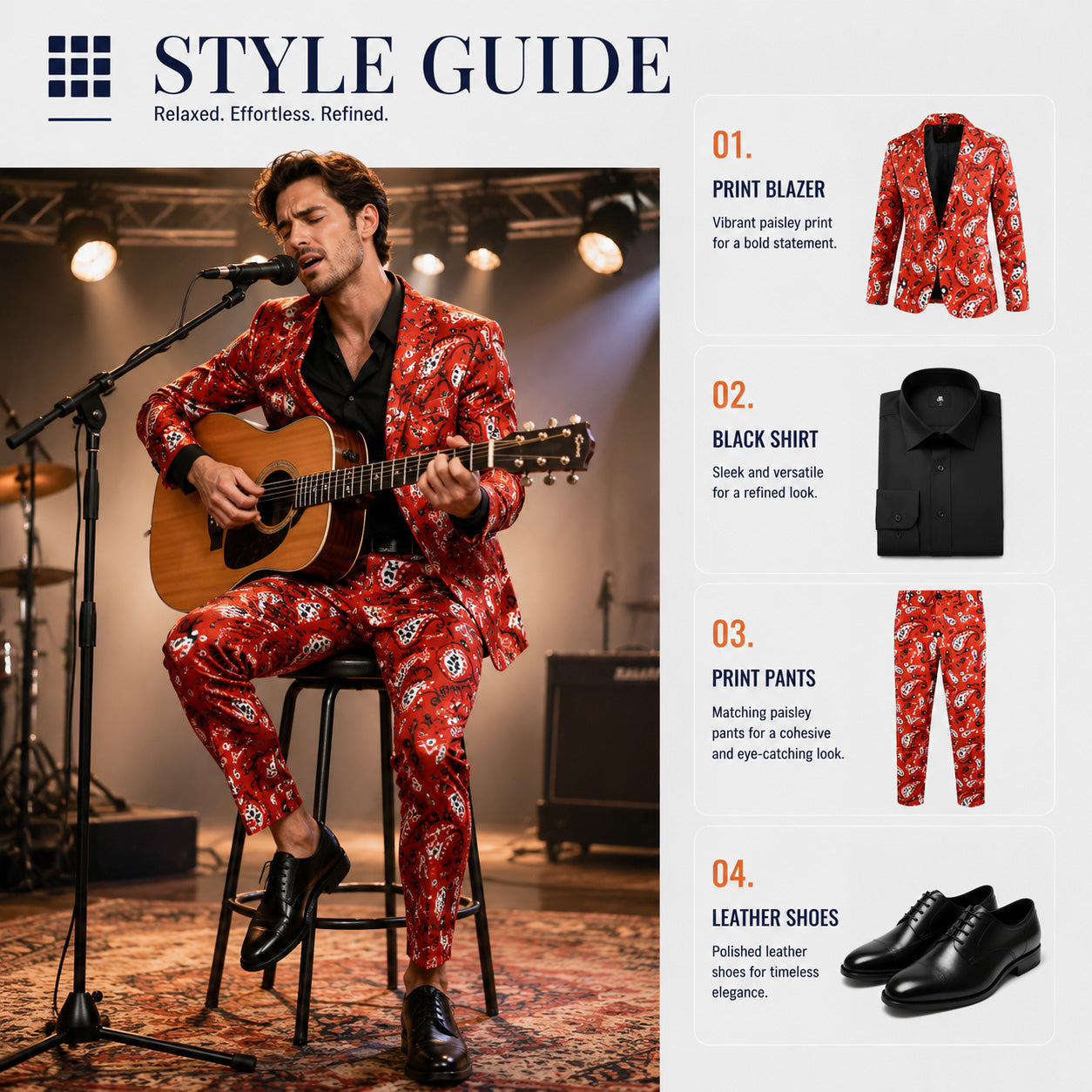 Wisholic men style guide featuring a guitarist wearing a red paisley print suit with a black dress shirt and leather shoes.