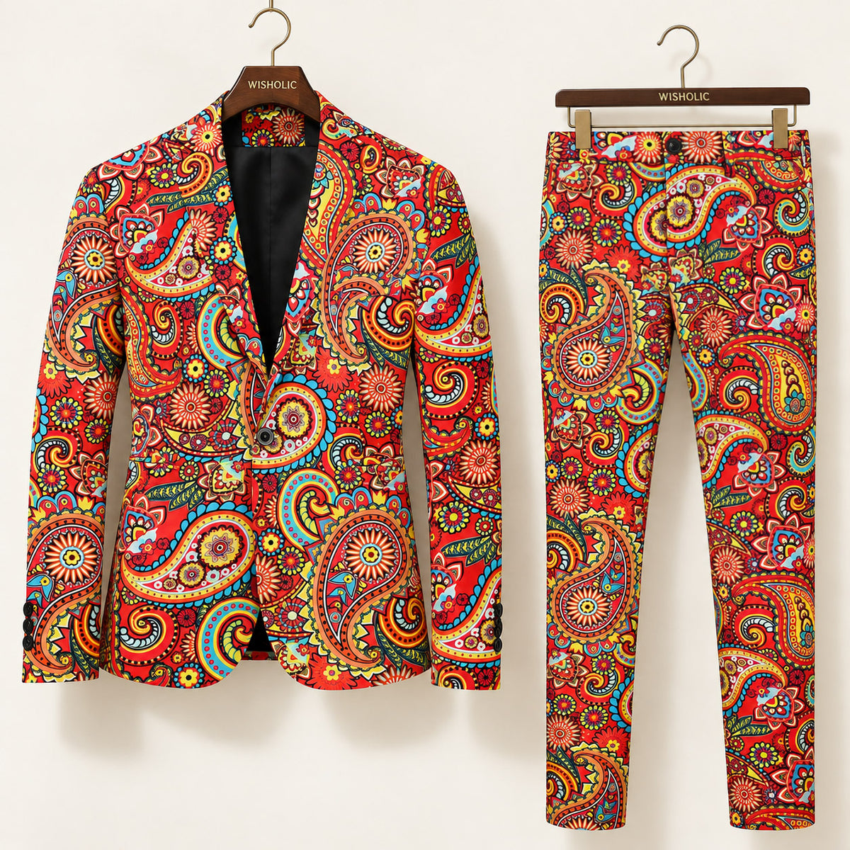 WISHOLIC red paisley two-piece men's suit featuring a single-button blazer and matching patterned trousers on hangers.
