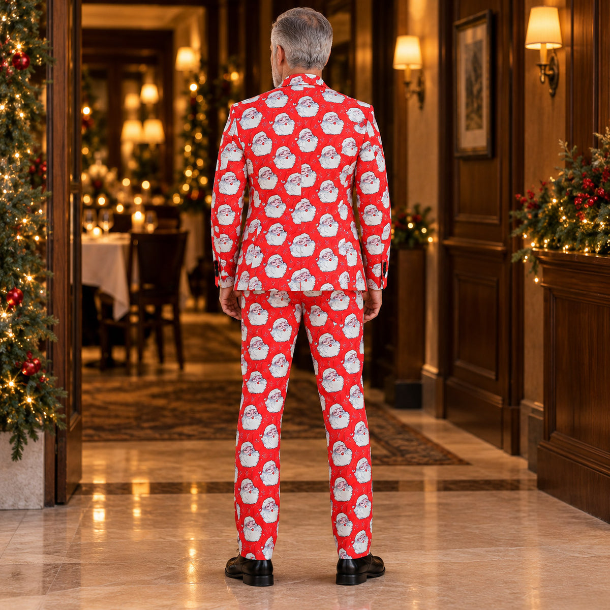 Back view of Wisholic festive red Christmas suit jacket and fitted trousers featuring continuous Santa Claus pattern