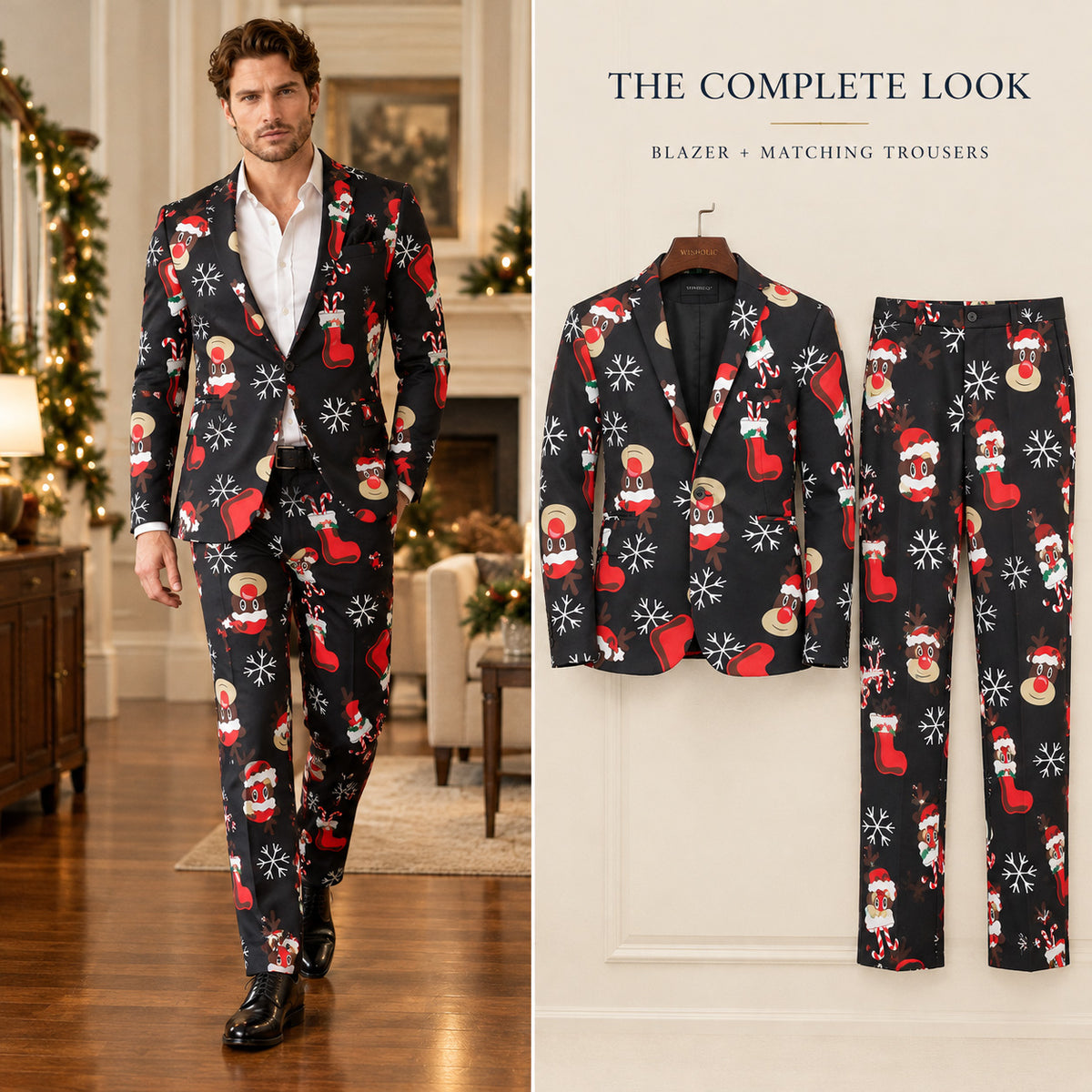 WISHOLIC complete men's reindeer Christmas suit shown on a model alongside the matching printed blazer and trousers.