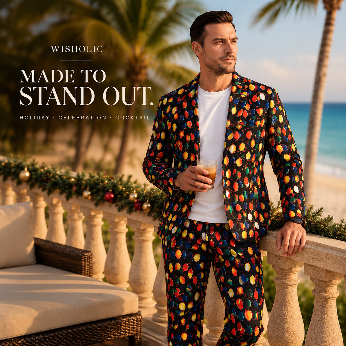 Wisholic holiday Christmas lights printed suit styled casually with a white T-shirt at a tropical seaside resort balcony.
