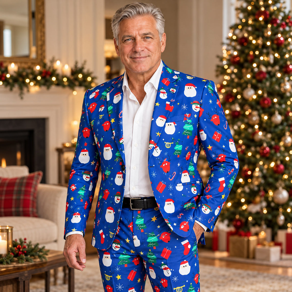 Wisholic men's royal blue Christmas suit featuring cartoon Santa Claus, Christmas trees, and gift box festive patterns.