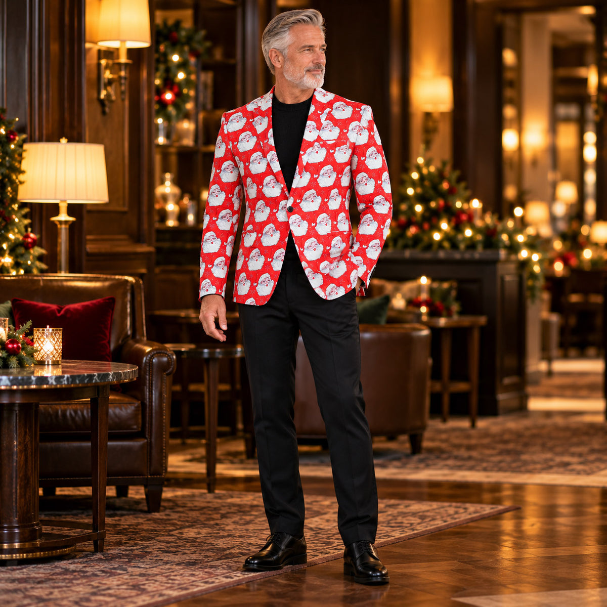 Wisholic men's red Santa Claus print statement blazer styled with solid black formal trousers and leather dress shoes in a luxury hotel lounge