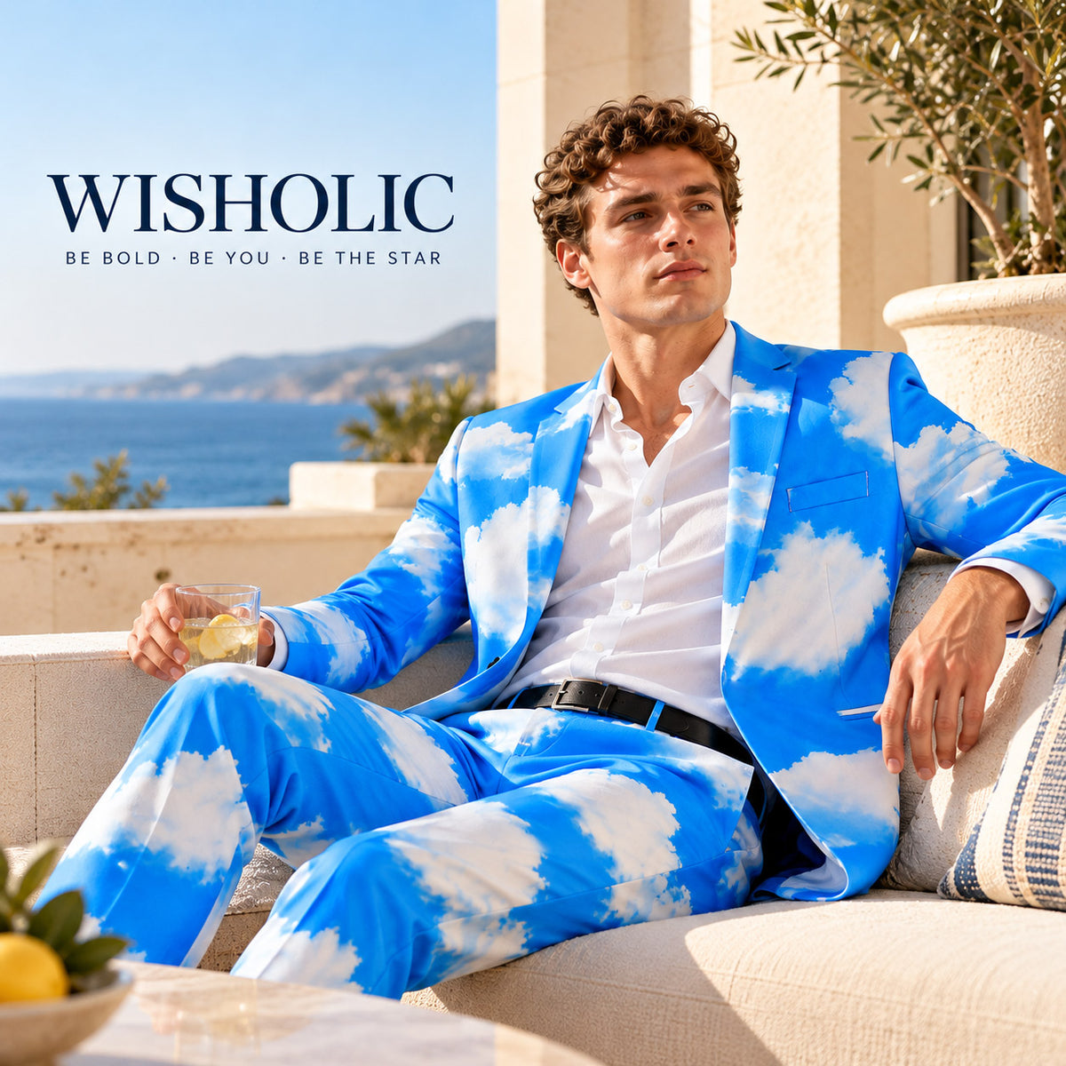 WISHOLIC men's blue and white cloud print suit styled for a relaxed luxury coastal occasion.