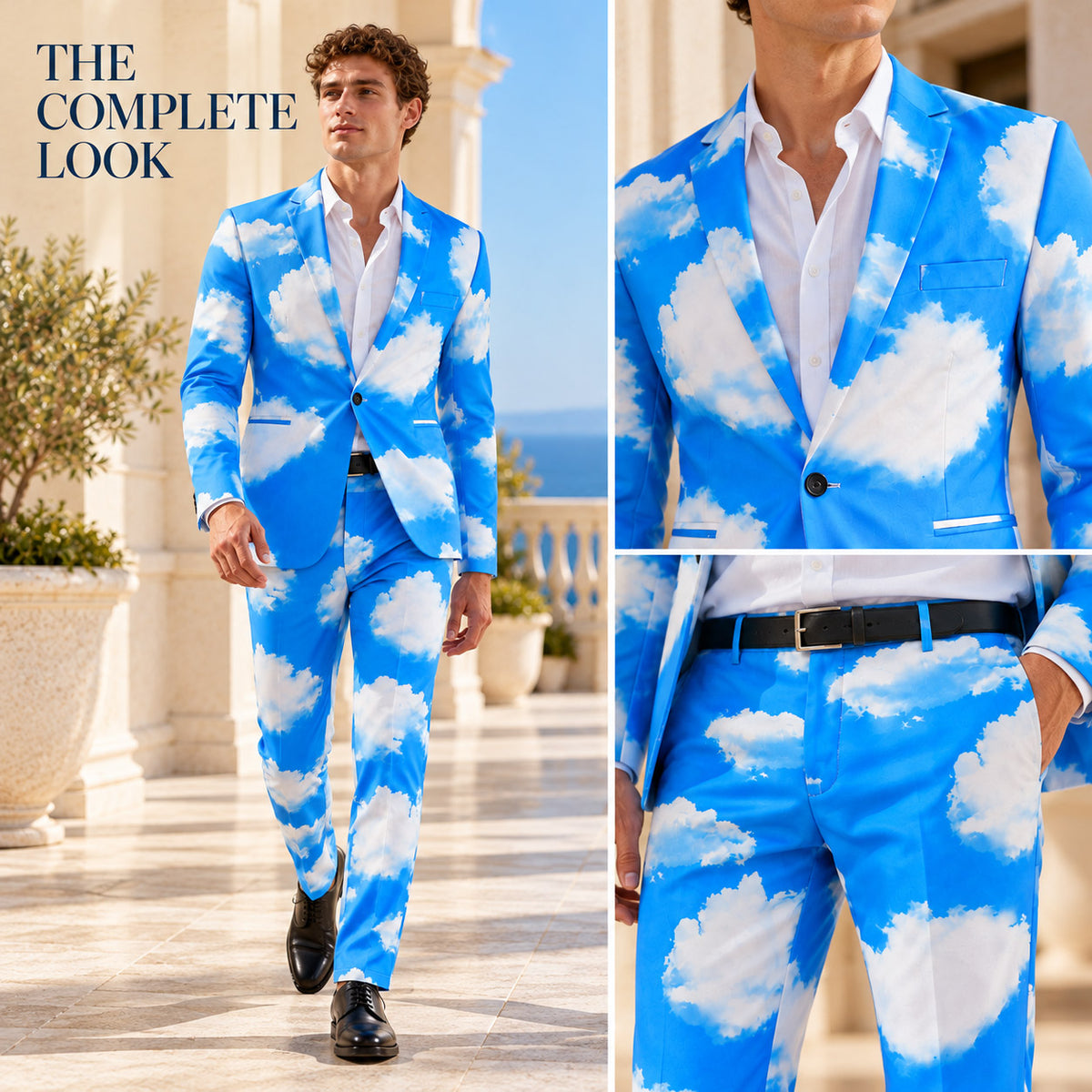 WISHOLIC sky cloud print suit complete outfit with close-up views of the blue and white blazer and matching trousers.