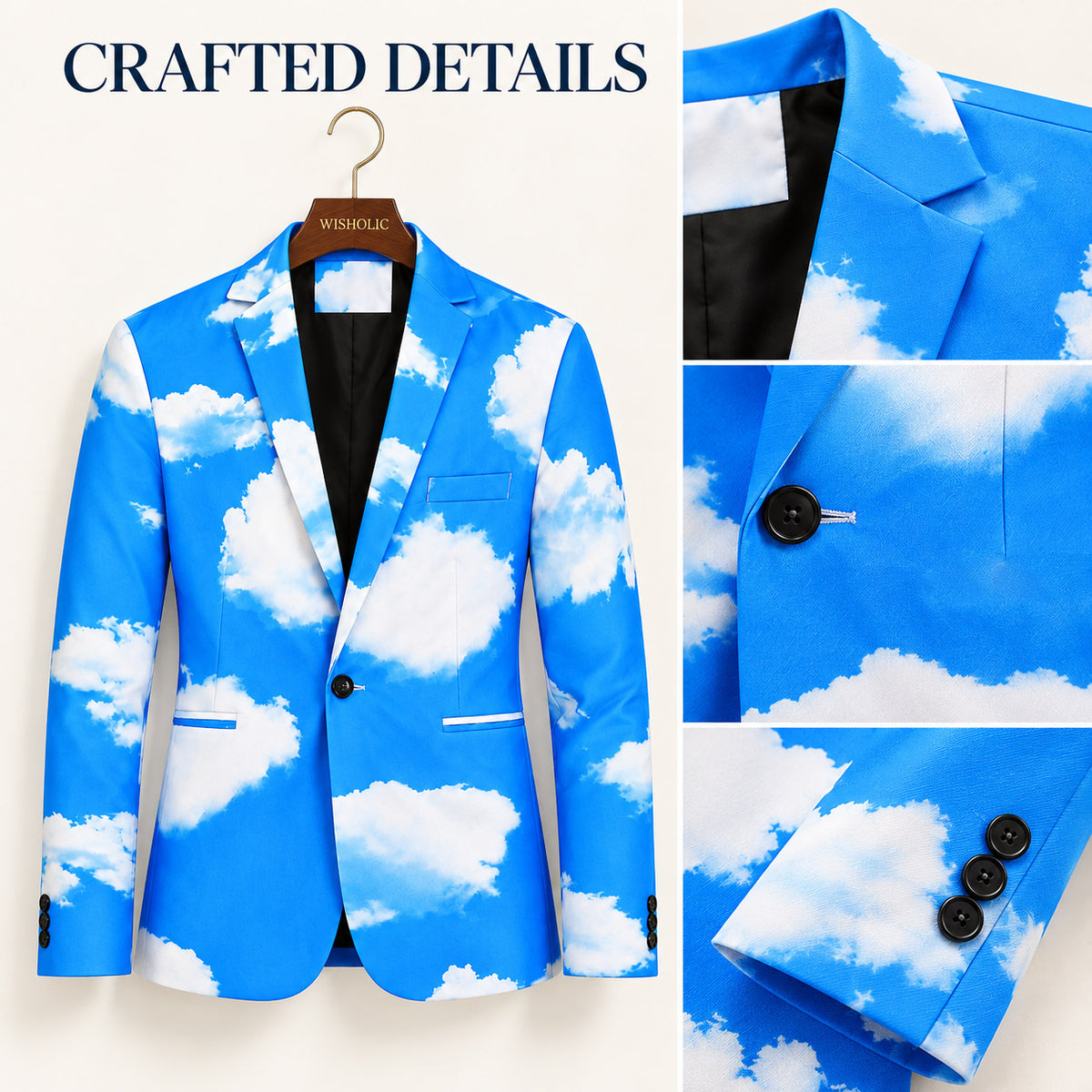 WISHOLIC sky cloud print blazer details featuring notch lapels, single-button closure and three-button cuffs.