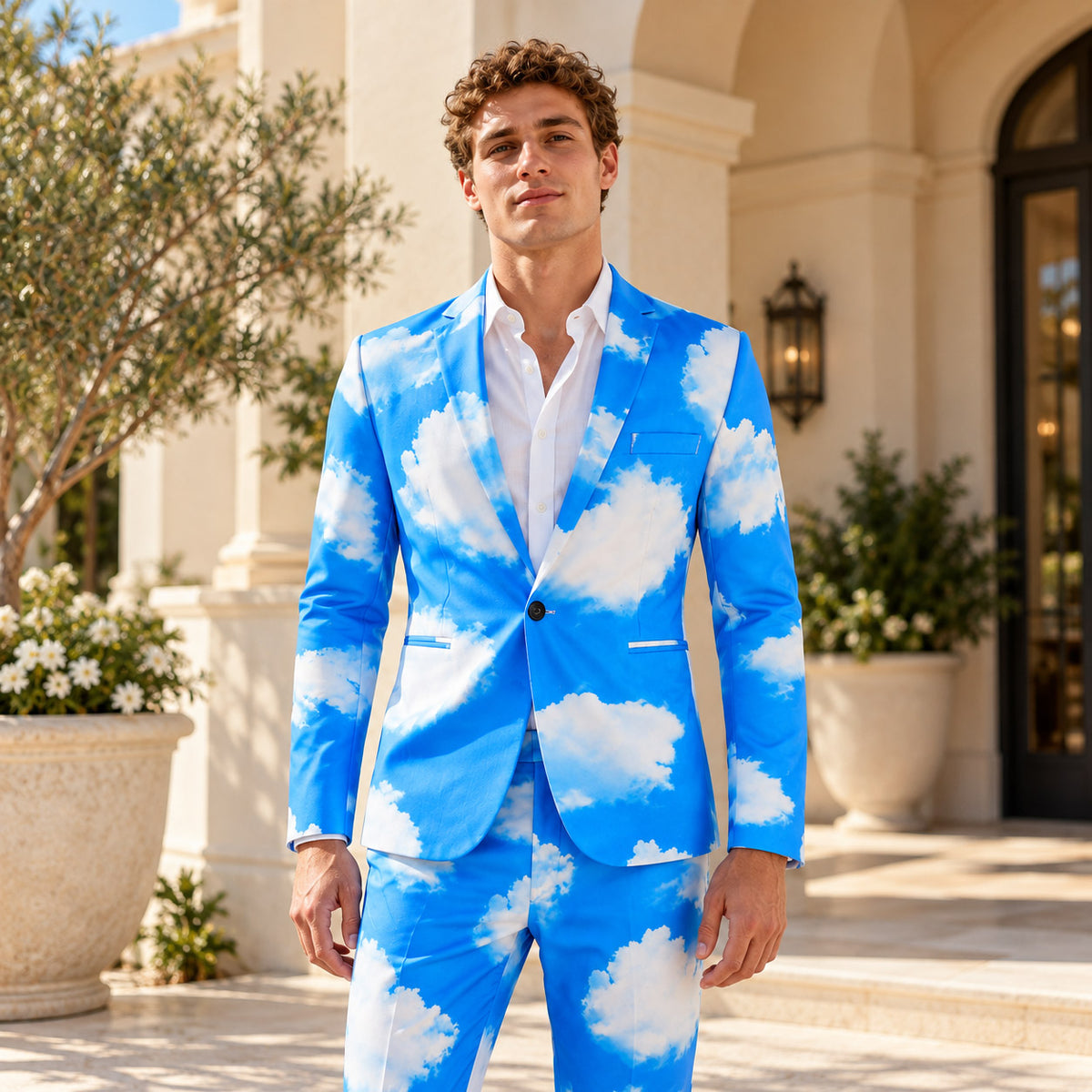 WISHOLIC men's sky blue and white cloud print two-piece suit, front view styled with a white shirt for summer occasions.