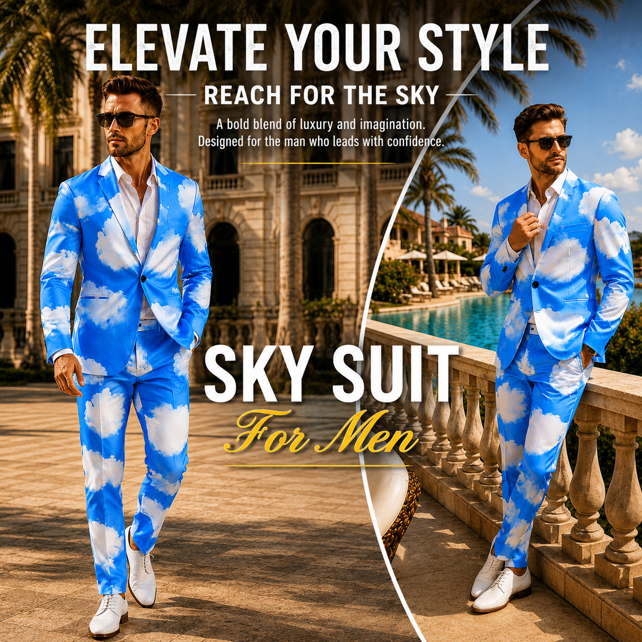 WISHOLIC men's luxury sky suit editorial banner featuring text "Elevate Your Style" and "Reach For The Sky" with a resort background.