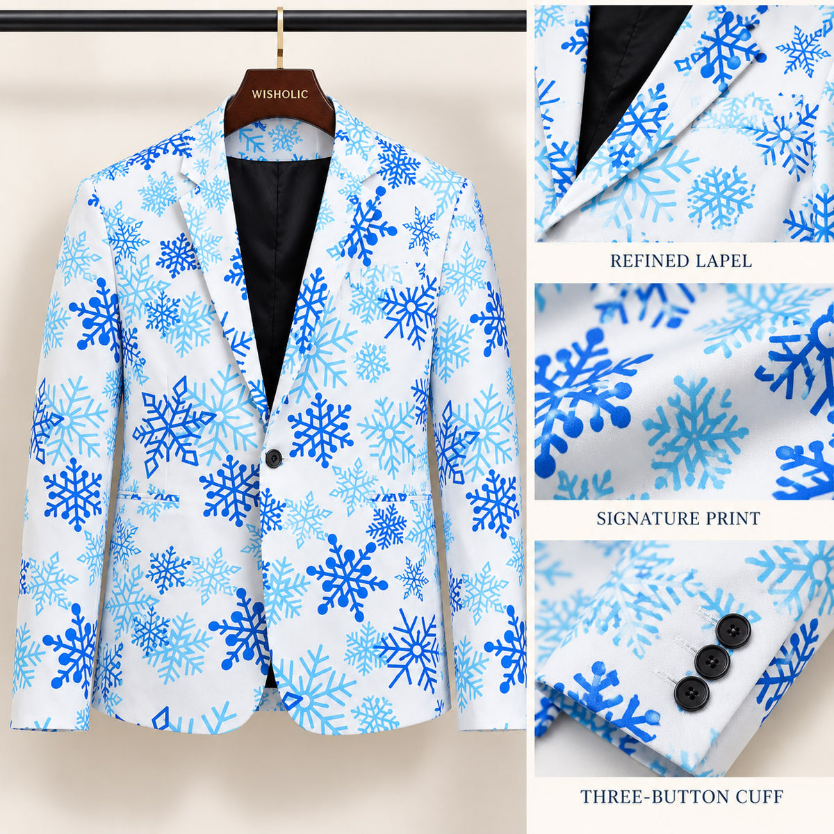 Product craftsmanship close-up of Wisholic snowflake suit blazer featuring refined notch lapel, signature winter print, and three-button cuffs