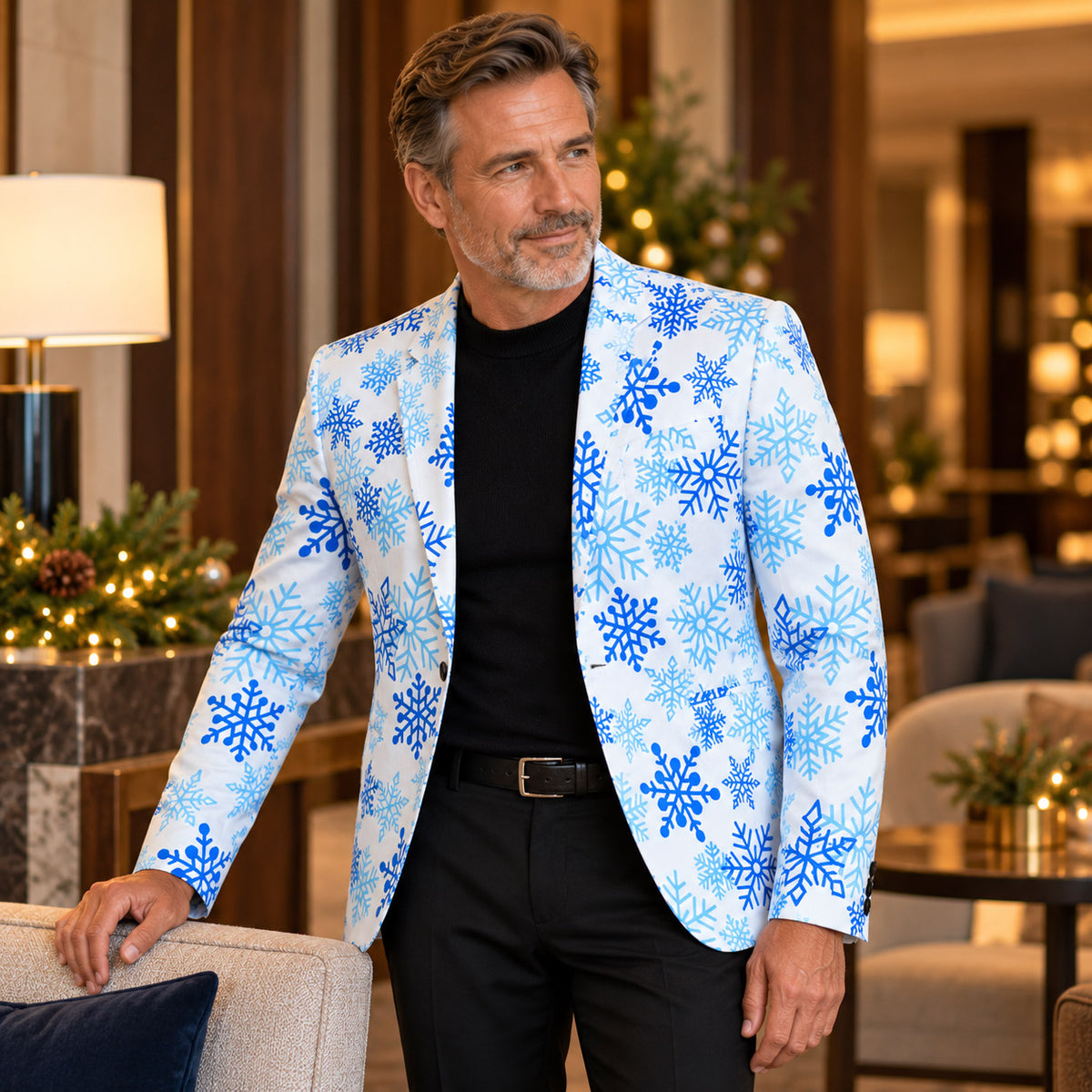 Wisholic statement snowflake blazer paired casually with classic black dress pants and leather belt for holiday evening wear