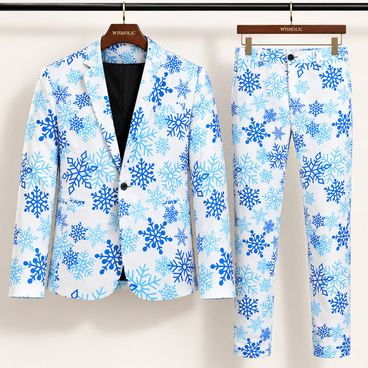 Wisholic two-piece men's Christmas snowflake suit set including tailored print blazer and matching dress pants on hangers