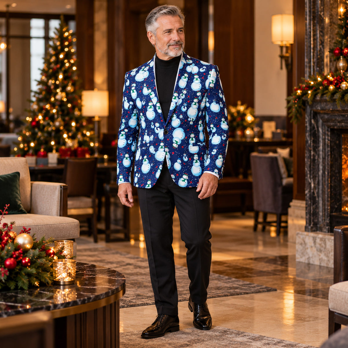 Back view of Wisholic tailored fit blue Christmas snowman suit jacket and trousers in a festive decorated hallway
