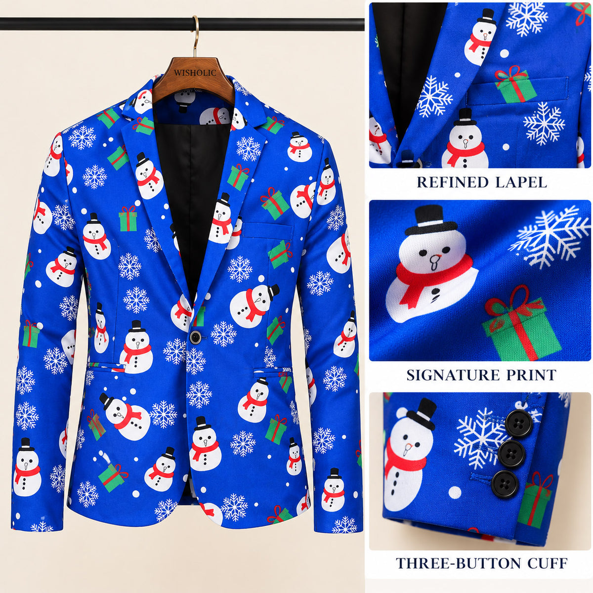Wisholic Christmas suit jacket details highlighting refined lapel, signature snowman print fabric, and three-button cuffs