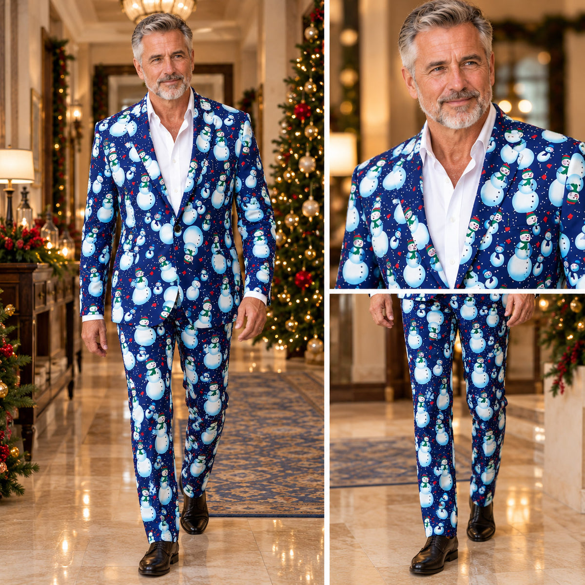 Wisholic blue snowman printed holiday suit multi-angle collage showing full-length front view, lapel styling, and tailored trousers fit