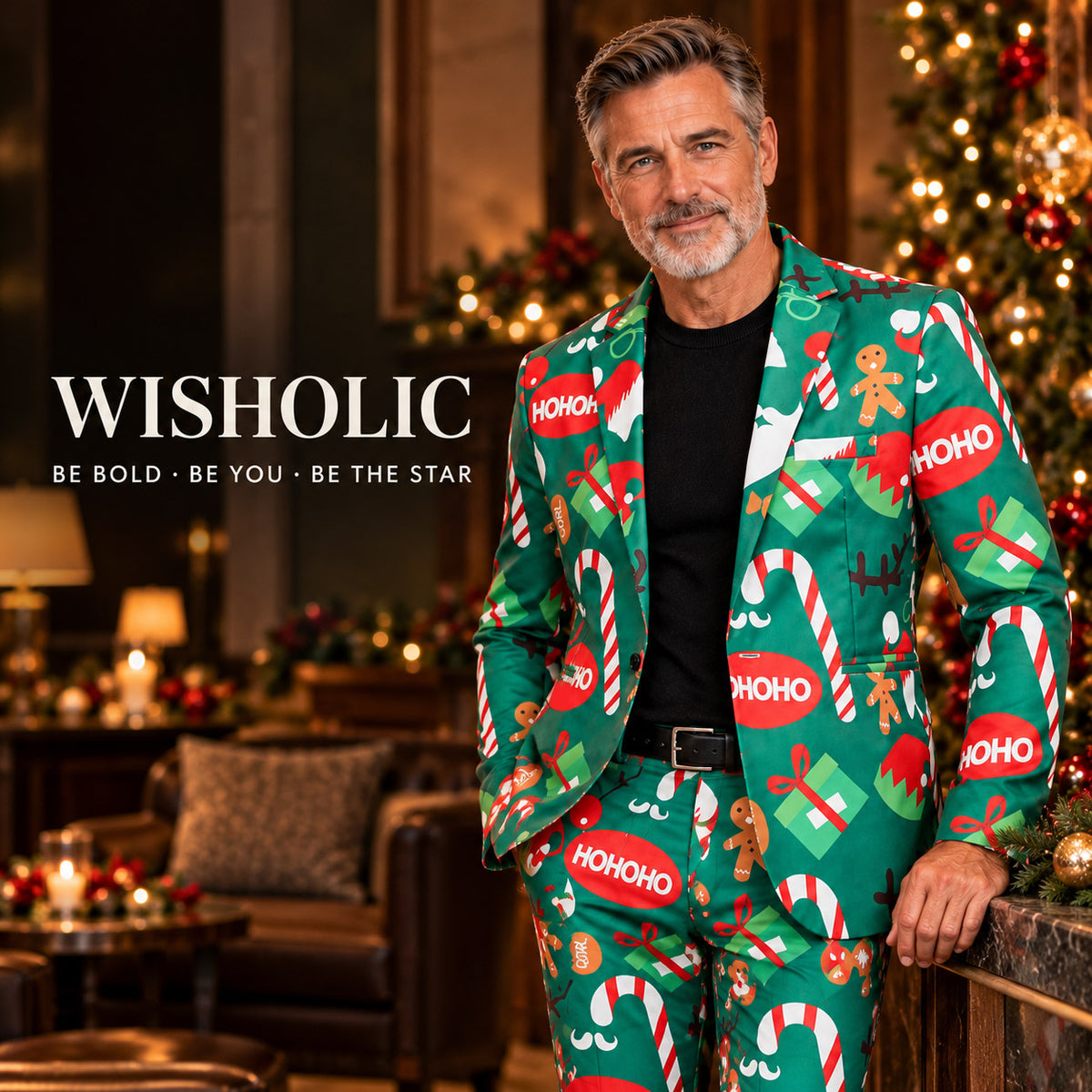 Wisholic men's green festive party suit with candy canes and gingerbread prints styled for luxury holiday celebrations.