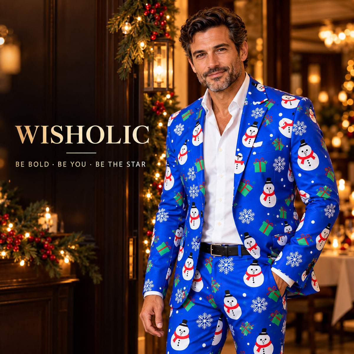 Wisholic holiday campaign featuring a man in a bold royal blue snowman Christmas suit standing by a festive wreath