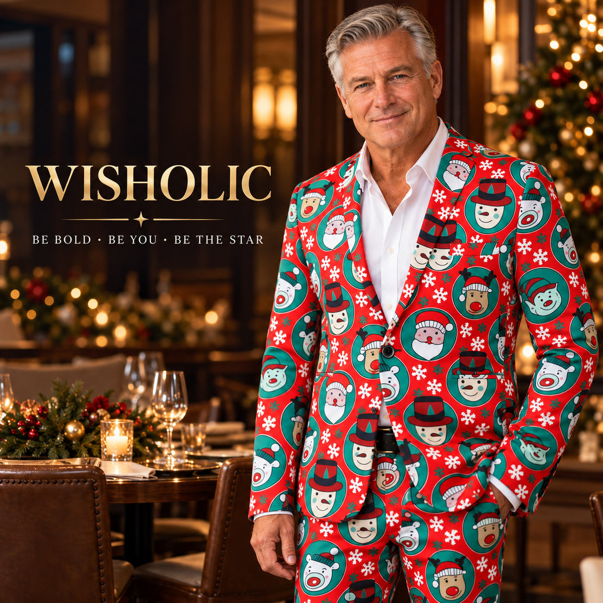Wisholic festive holiday statement menswear collection featuring a bold red Christmas cartoon print suit.