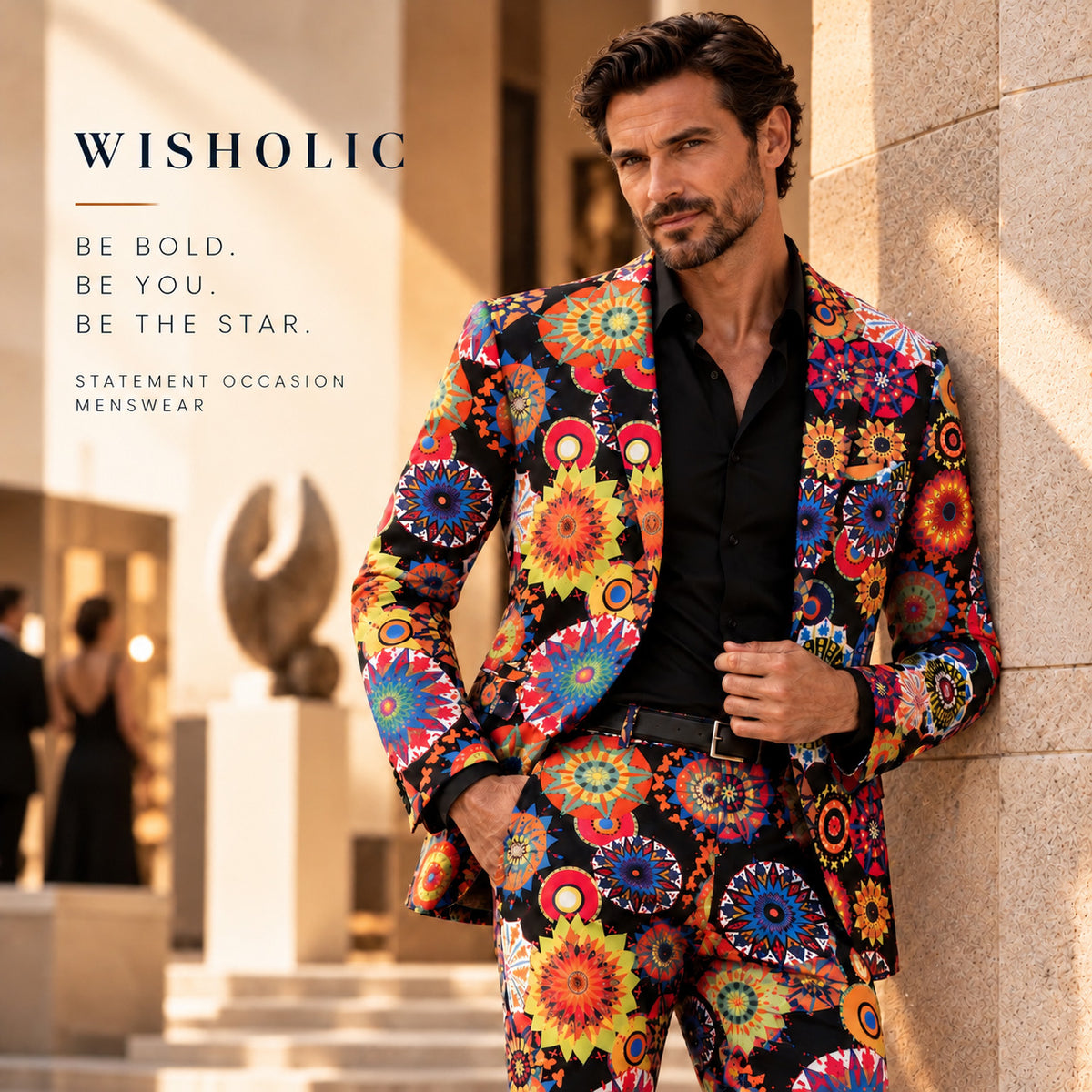 Wisholic statement occasion menswear campaign poster with model in patterned suit