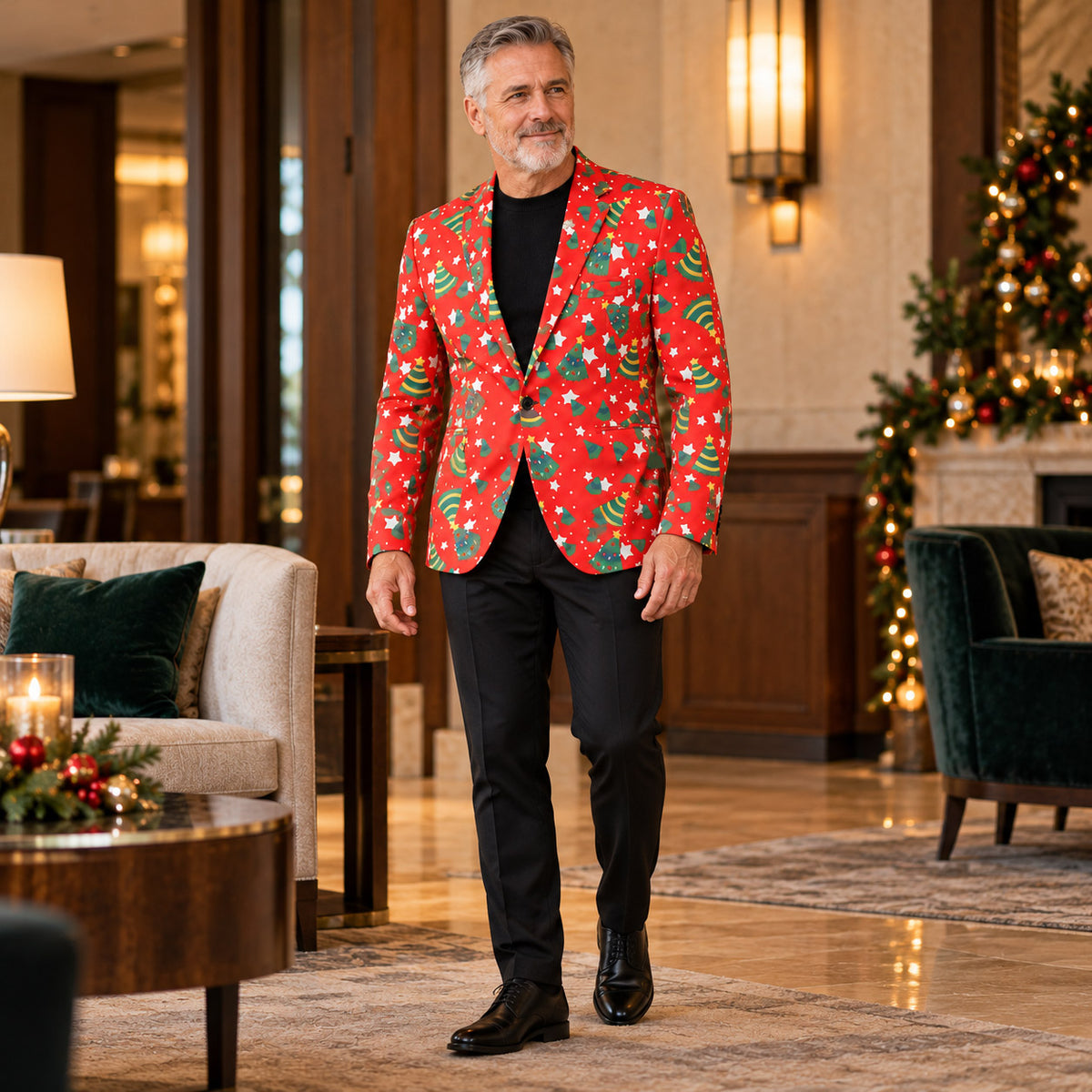Wisholic men's red Christmas tree print blazer jacket paired with solid black tailored dress pants for versatile holiday styling