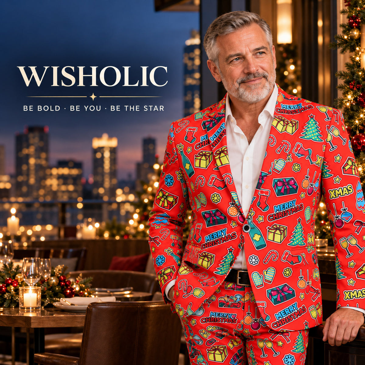 Wisholic statement red Christmas print suit jacket modeled at a rooftop holiday venue with evening city skyline view