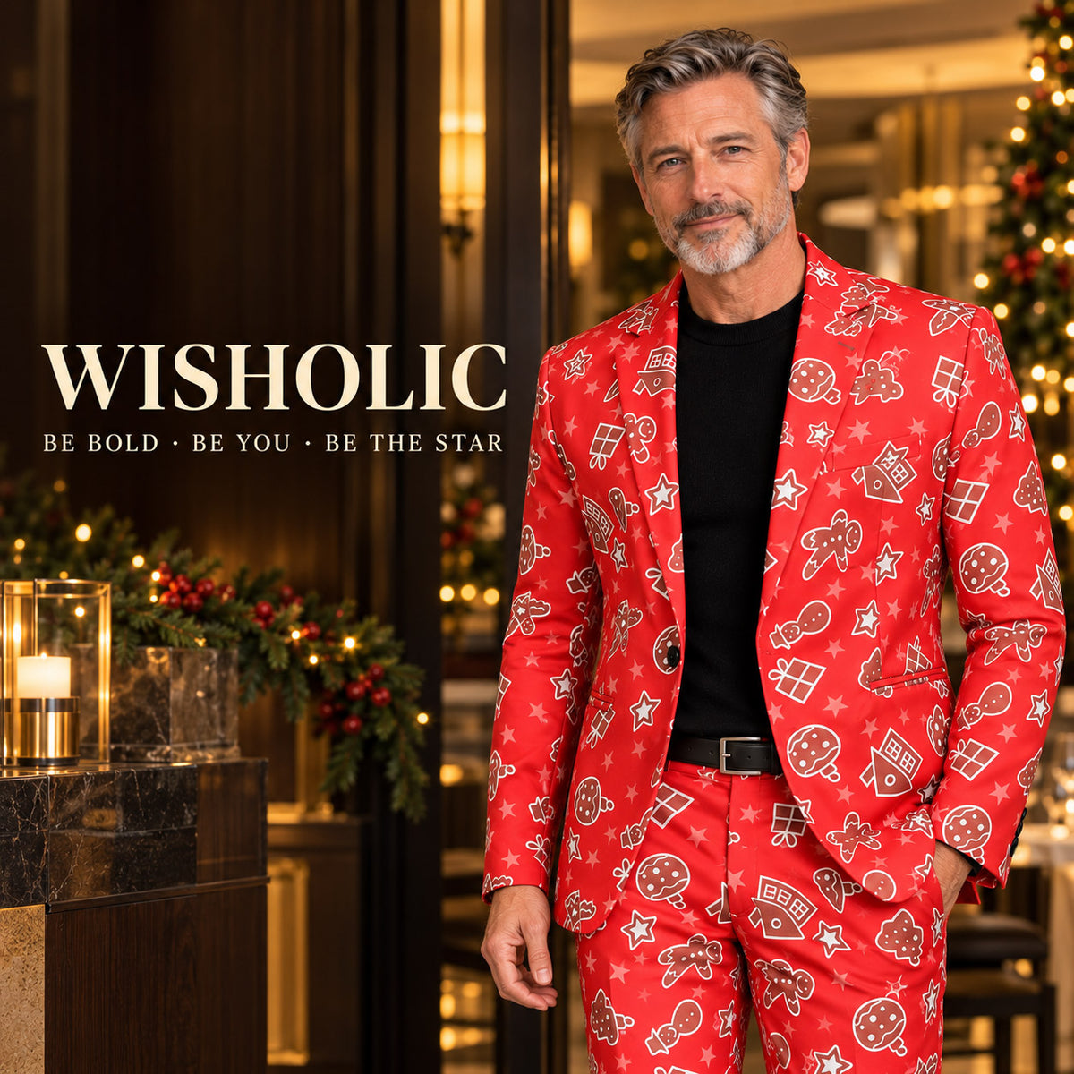 Wisholic statement holiday collection featuring a handsome man in a bold red gingerbread Christmas party suit