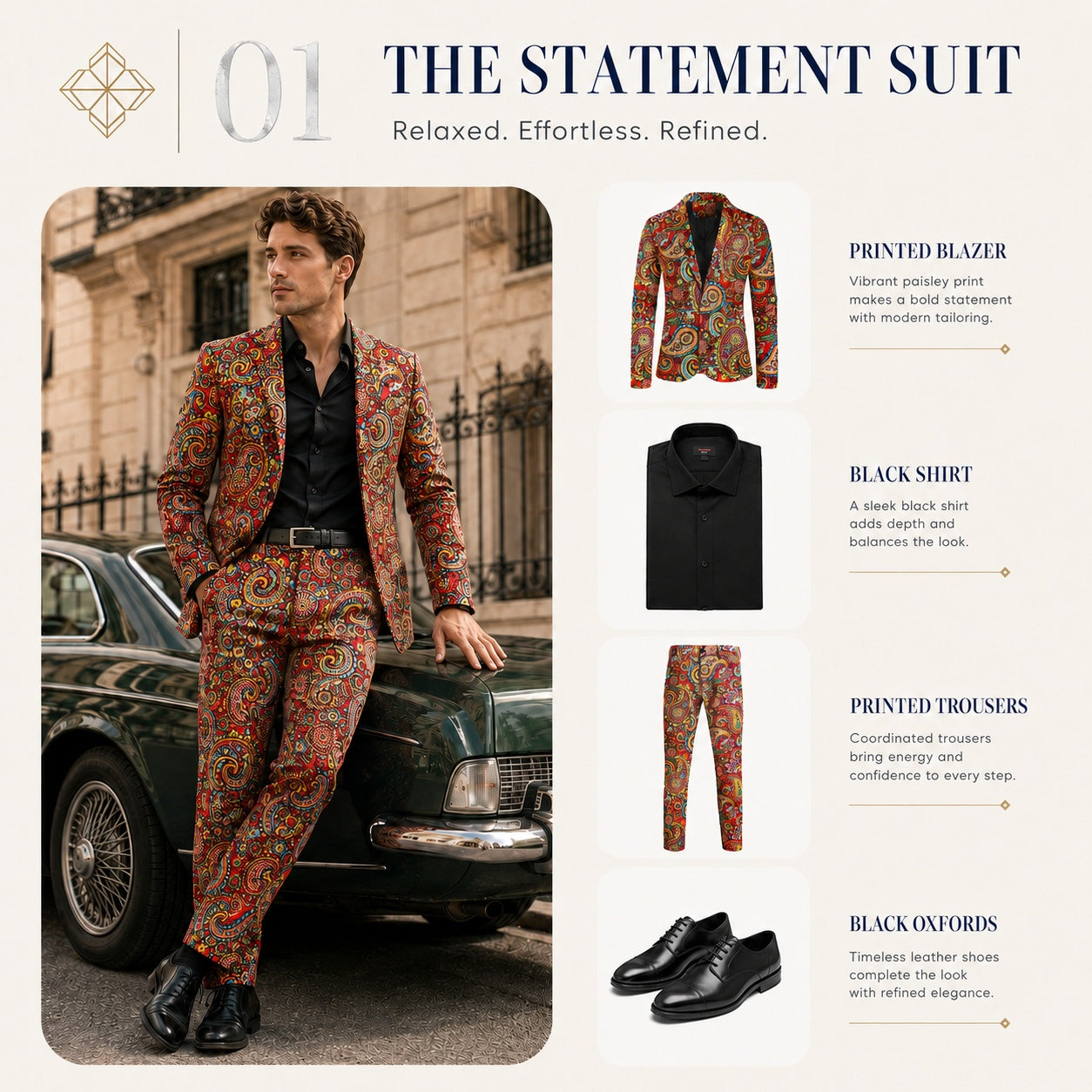 Lookbook guide titled The Statement Suit featuring a man leaning on a vintage car wearing a Wisholic printed blazer and trousers paired with a black shirt and leather Oxford shoes.