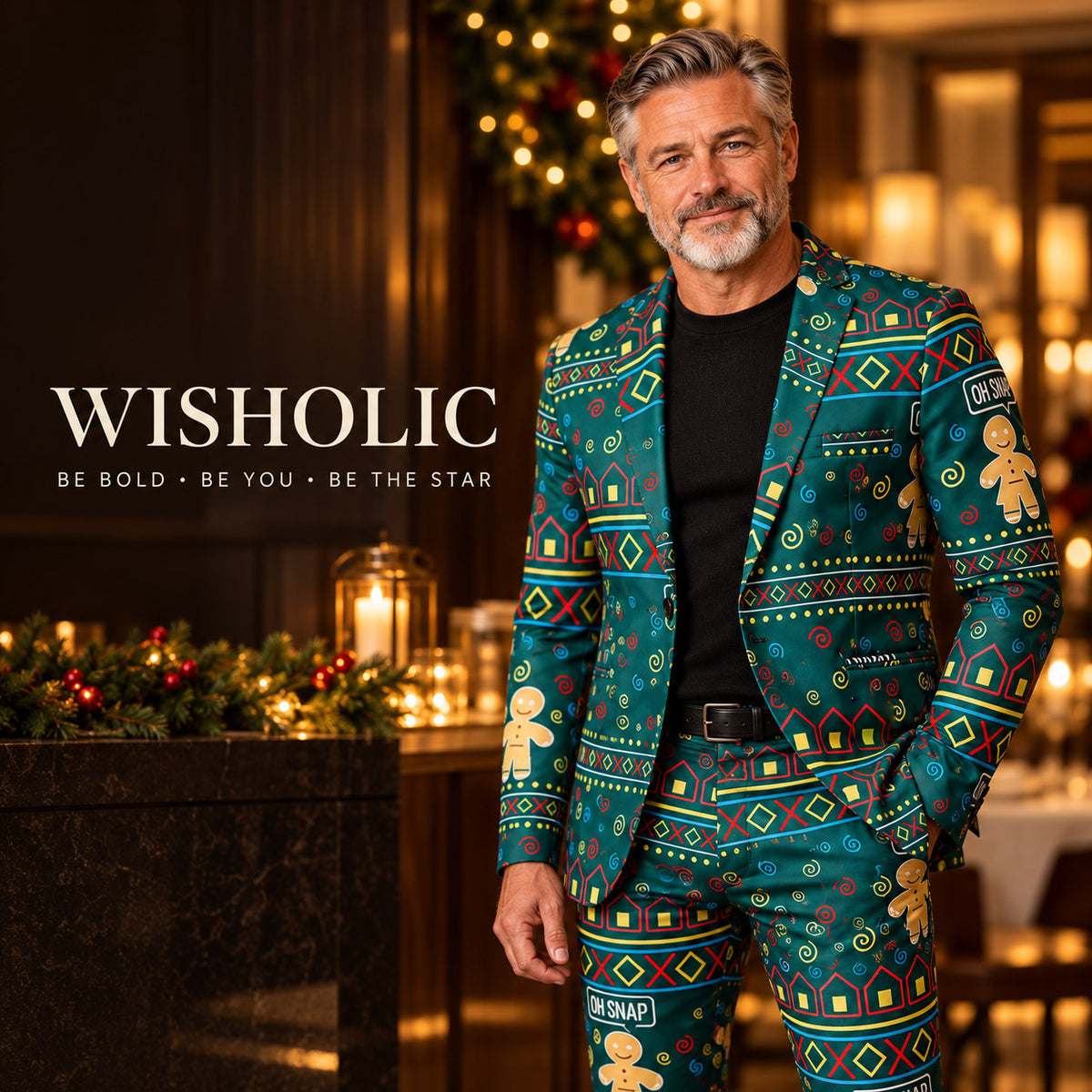 Wisholic statement ugly Christmas party suit for men with bold gingerbread print and festive holiday background
